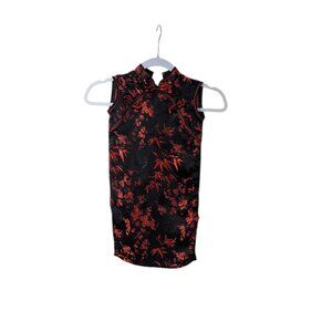 Youth Girl Black Cheongsam Style Red Floral Mock Neck Back Zip Sleeveless Dress